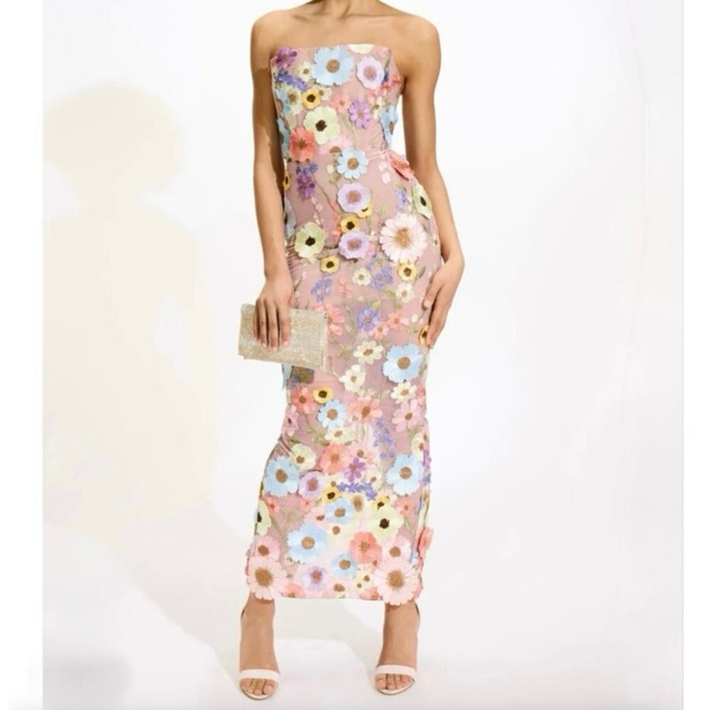 Bronx and Banco Strapless Floral Midi Dress in Pastel Pink, Blue, Yellow